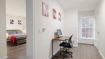 2 bedrooms, desk, iron/ironing board, travel crib