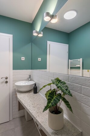 A bathroom with a white sink, a mirror, teal walls, and a potted plant. - Lucky Cranes (Bucharest)
