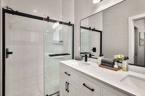 Hair dryer, towels, soap, shampoo