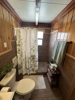 Enjoy a cozy bathroom retreat with a toilet, shower, and towel rack, plus a charming potted plant.