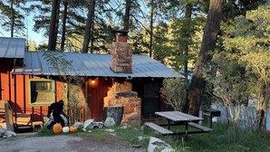 Una cabaña rústica con chimenea de piedra, bancos de madera y una mesa de picnic.
