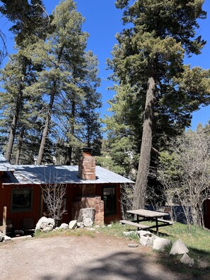 Outdoor dining - Bigfoot's Bunkhouse! Cozy Cabin, Cool Breeze Dogs Welcome! 45 min to white sands (Cloudcroft)