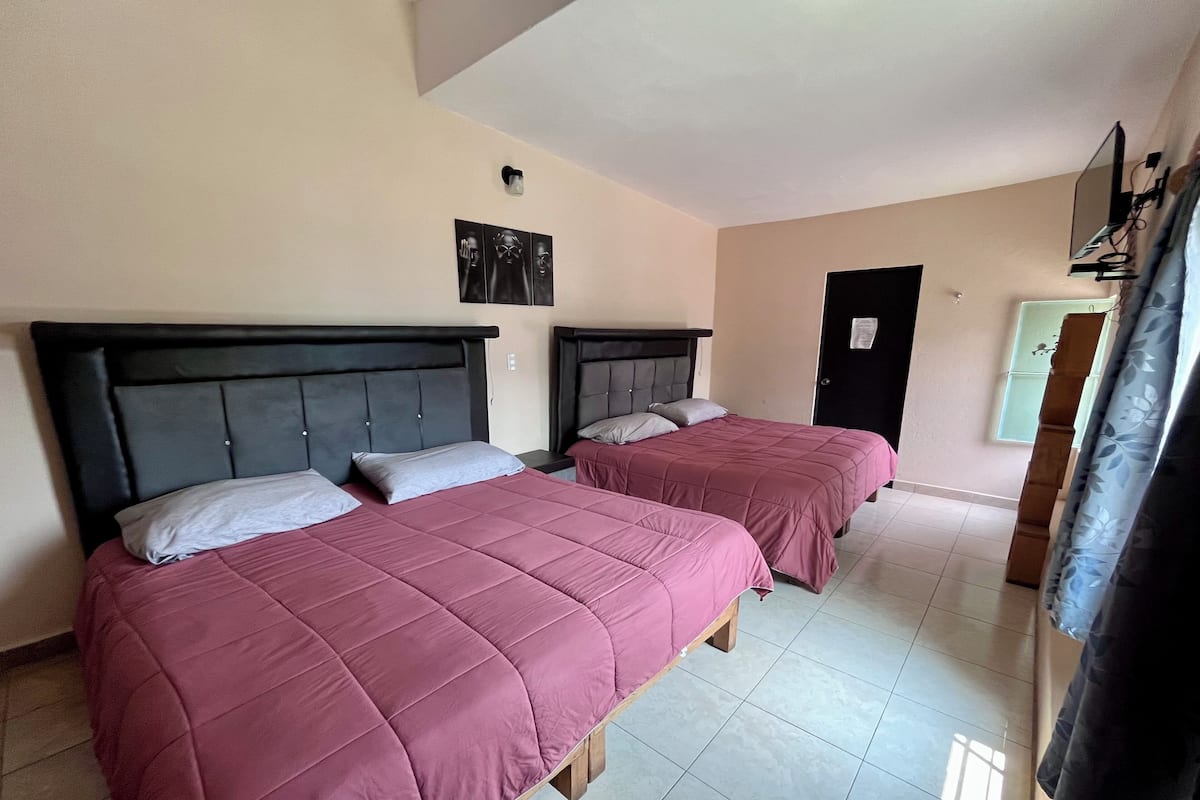 A hotel room with two beds, each with a dark headboard and a pink bedspread. There is a door to the right and a window with a curtain.
