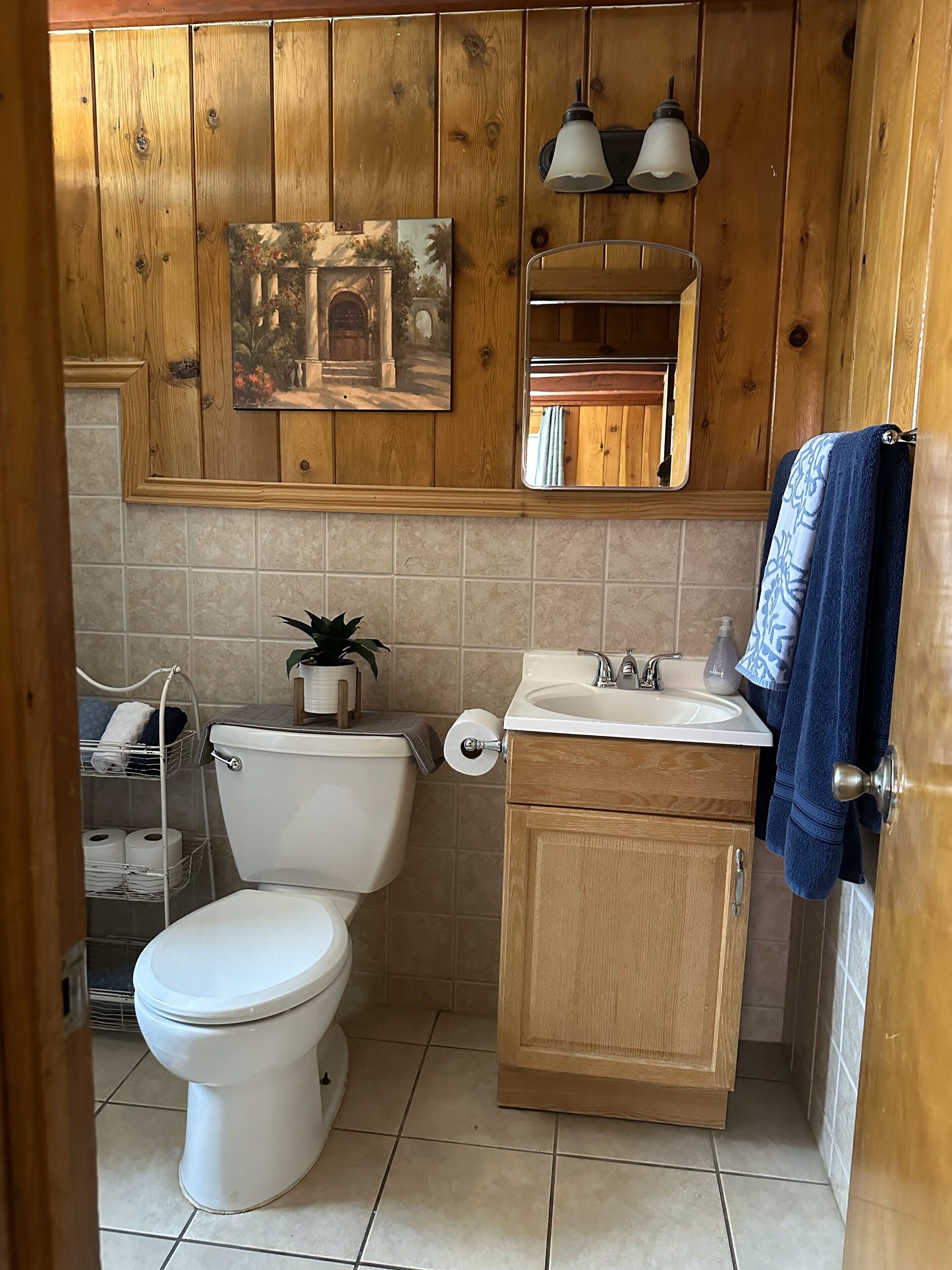 Douche, serviettes fournies, savon, shampooing