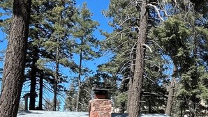 Maalaishenkinen mökki, jossa on metallikatto, kivinen savupiippu ja punainen ulkoväri.