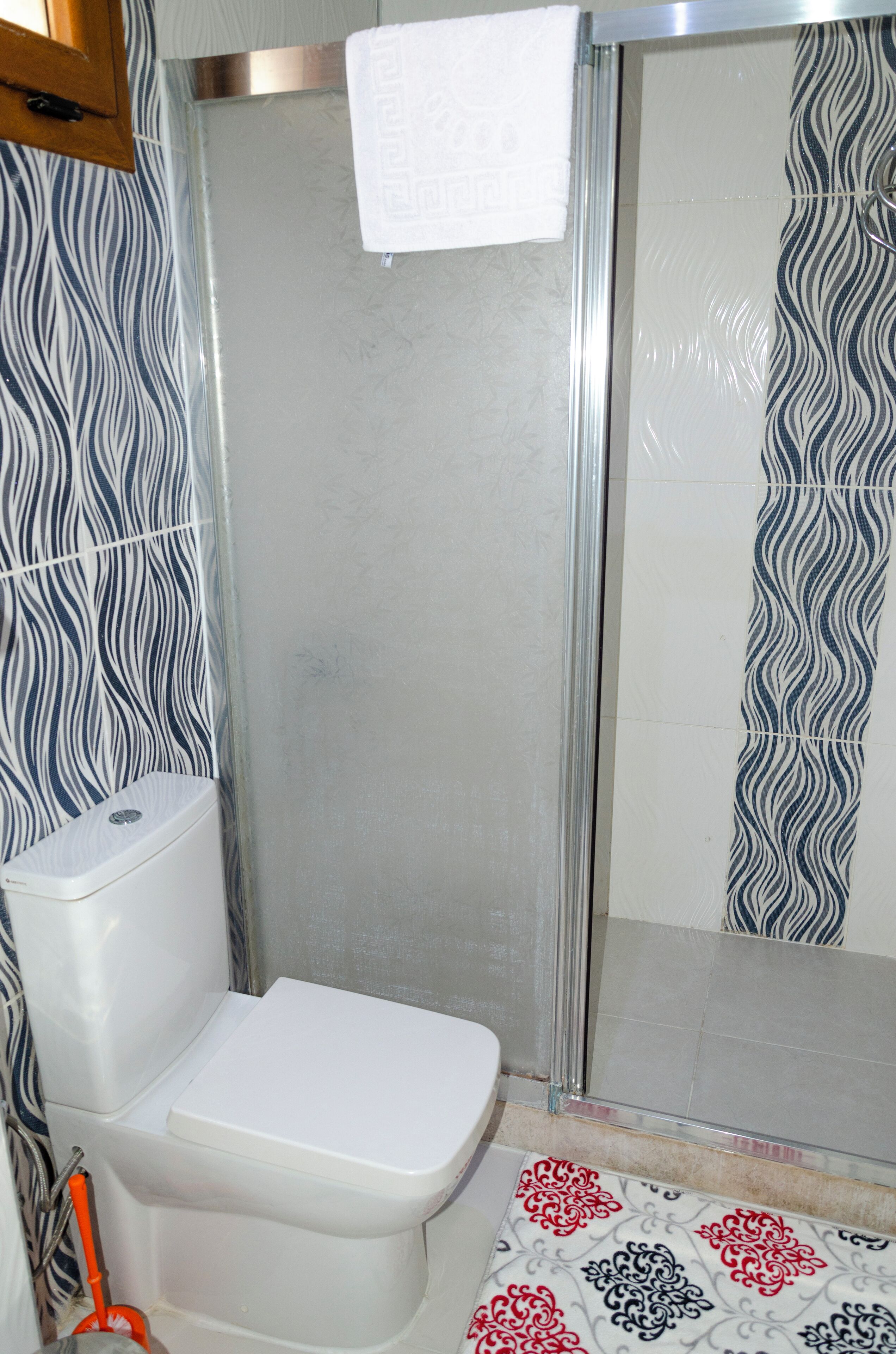 A bathroom with a toilet, shower, and patterned tiles.