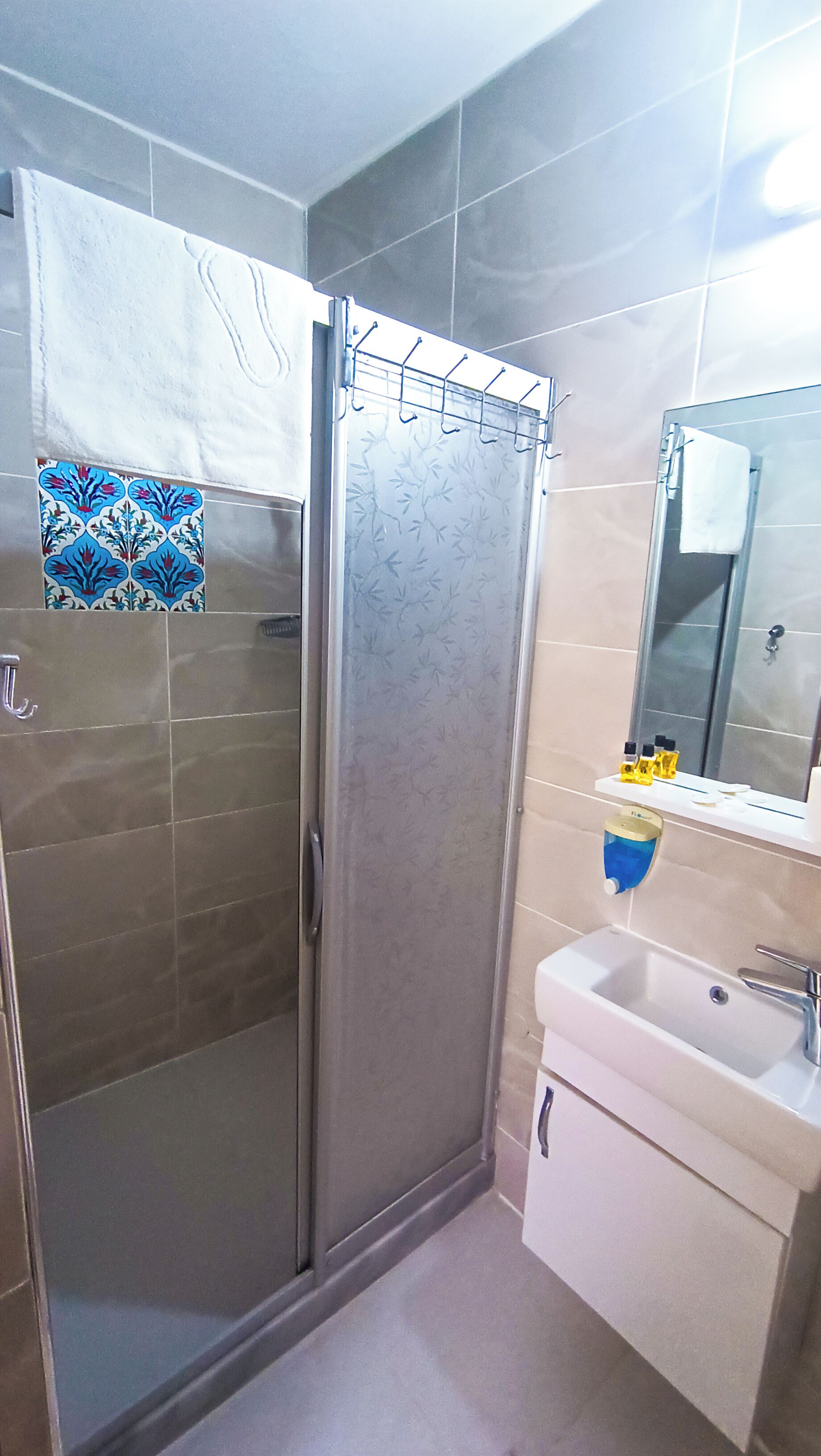 A bathroom with a glass shower enclosure, a white sink with a mirror above it, and a tiled wall with a floral pattern.