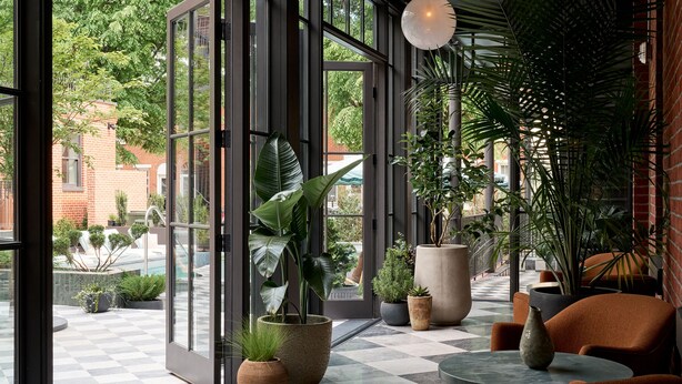 A modern indoor space with a checkered floor, large windows, and various potted plants. - Hotel Anna & Bel (Philadelphia)