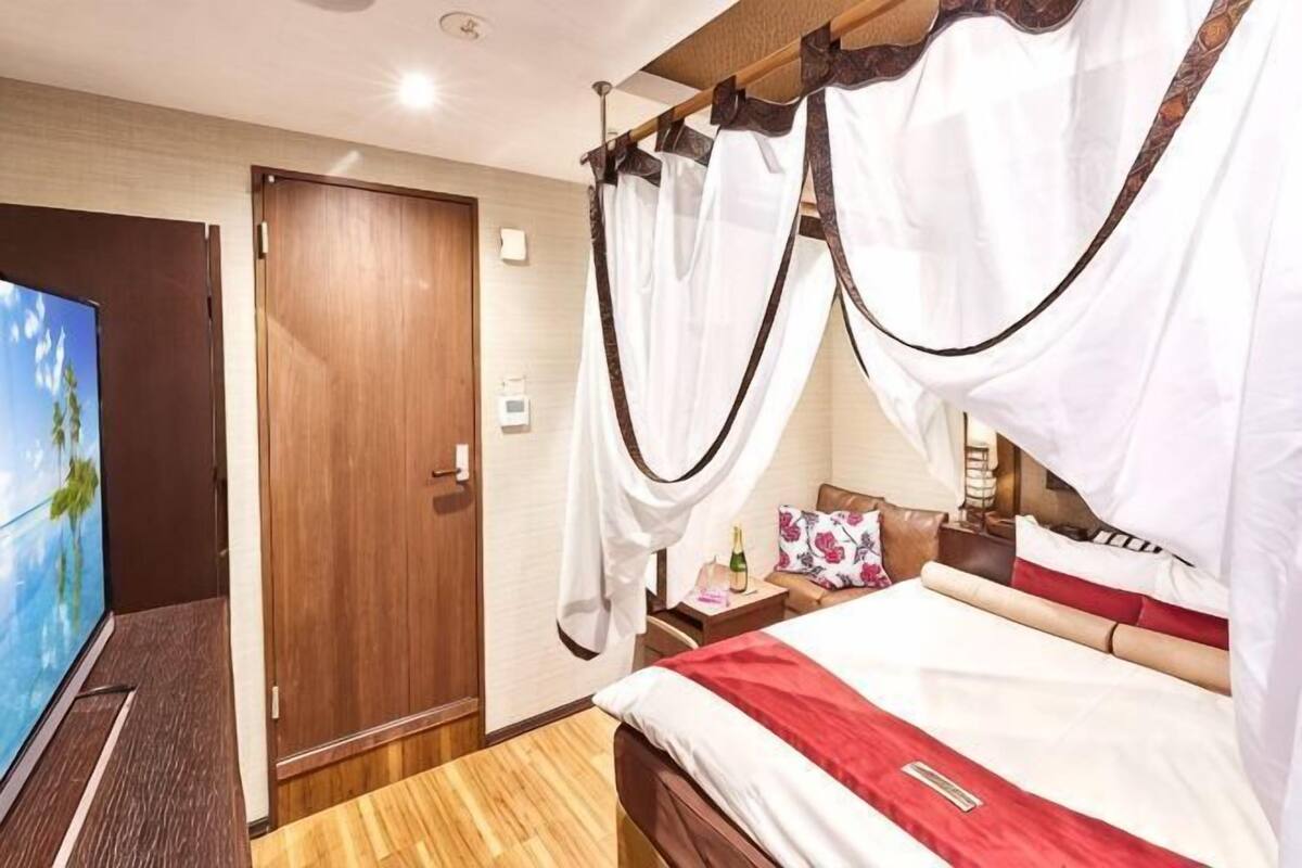 Een slaapkamer met een bed, een televisie, een houten deur en een gordijn.