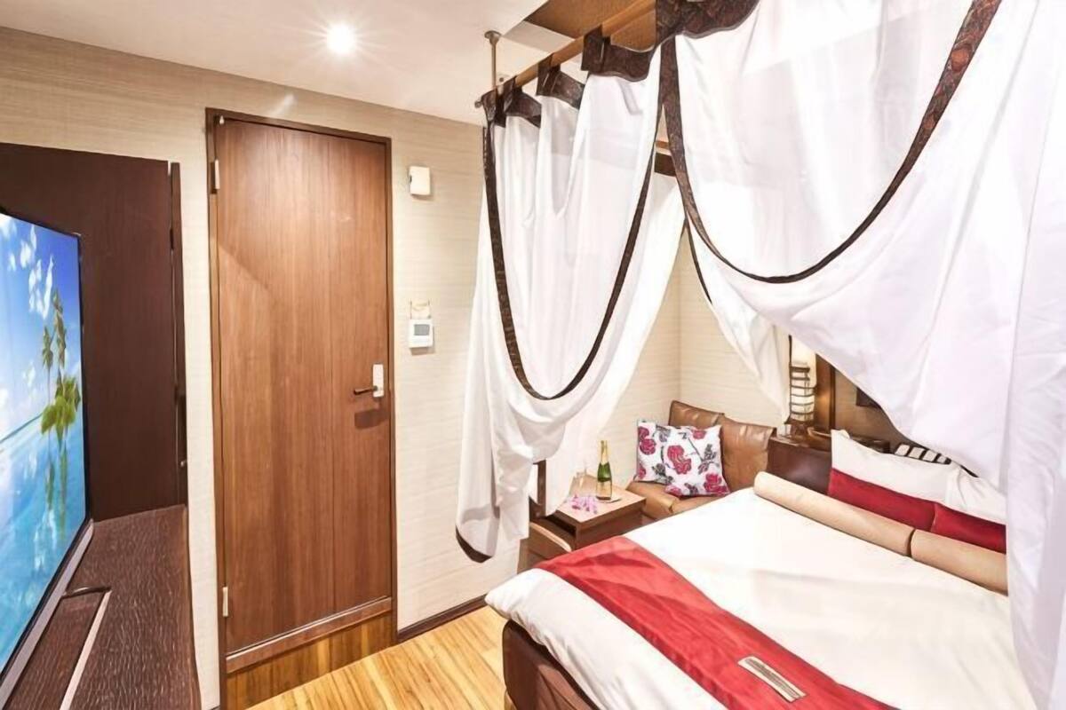 Een slaapkamer met een bed, gordijnen, een televisie en een houten deur.