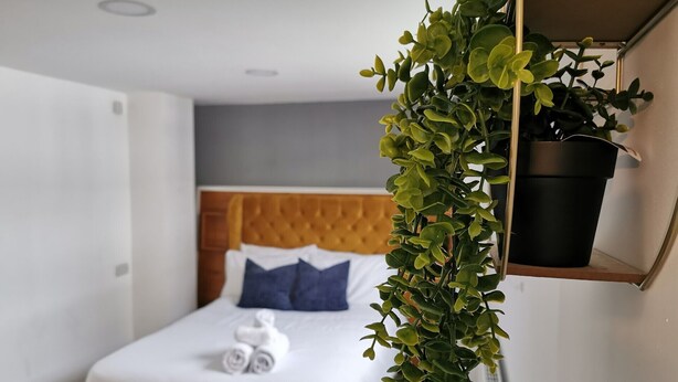 Un lit bien fait, avec du linge de lit blanc et des serviettes pliées, une tête de lit en bois et une plante en pot posée sur une étagère.