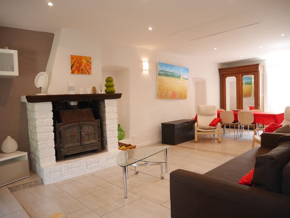 Televisión, chimenea, reproductor de DVD y libros 