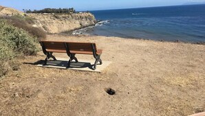 Un banco sobre una playa arenosa con un acantilado y el océano al fondo.