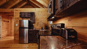 Una cocina compacta con paredes de madera, un refrigerador de acero inoxidable, un tostador y un lavamanos.