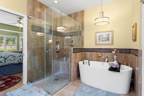 Shower, jetted tub, towels