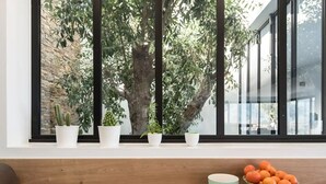 Ein Fenster mit Blumentöpfen und einer Schale Orangen auf einer Holzablage.