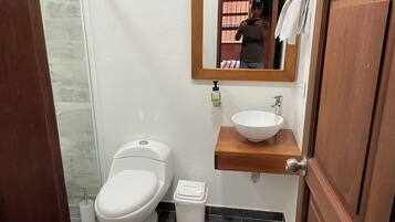 A bathroom with a white toilet, a sink with a wooden countertop, a mirror, and a small trash bin.
