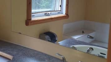 A bathroom with a large sink, a mirror, and a window.