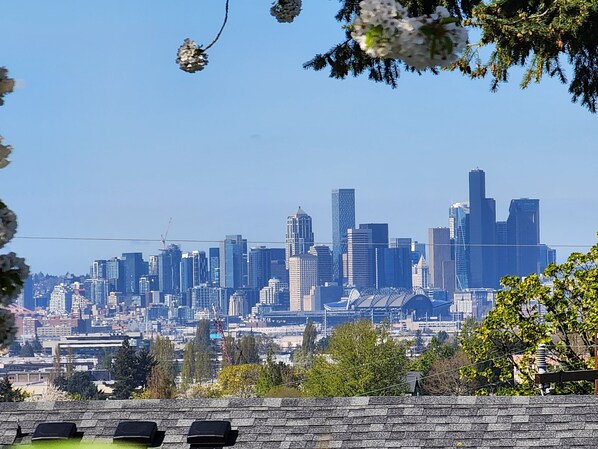 A city skyline with modern buildings and a bridge in the foreground.