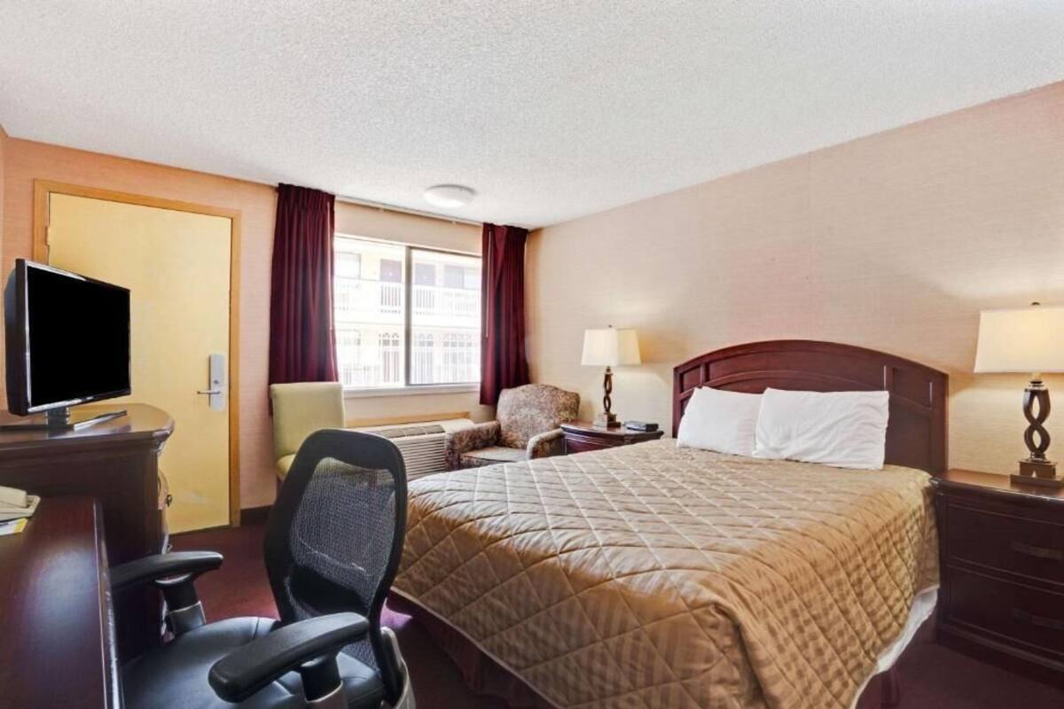 A hotel room with a bed, a desk with a TV, a chair, a lamp, and a window with curtains.