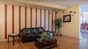 A living room with a striped wall, a black leather sofa, a round coffee table, and a potted plant. - Hotel Viewmont Residency Ltd. (Logan Lake)