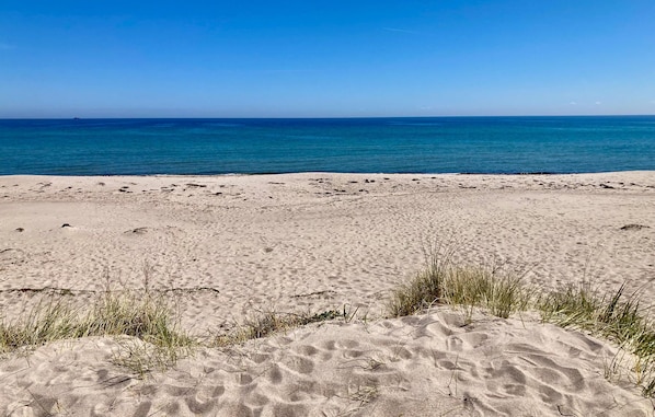 A beach with sand and sparse grass, a clear blue sky, and calm ocean water.