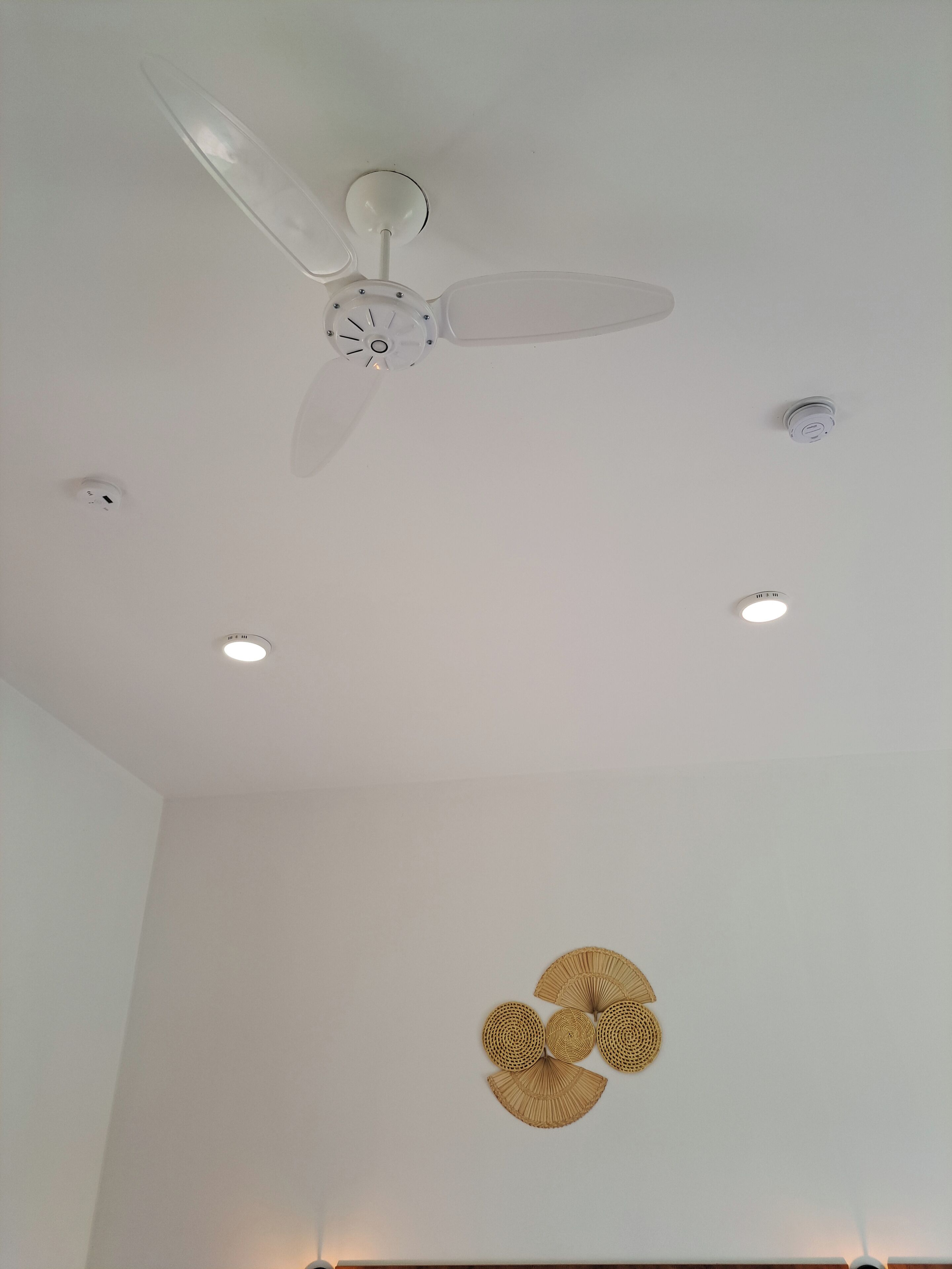 A ceiling fan, recessed lighting, and wall-mounted decorative items.