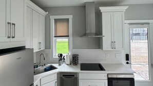 A modern kitchen with white cabinetry, a built-in dishwasher, and a window with blinds.