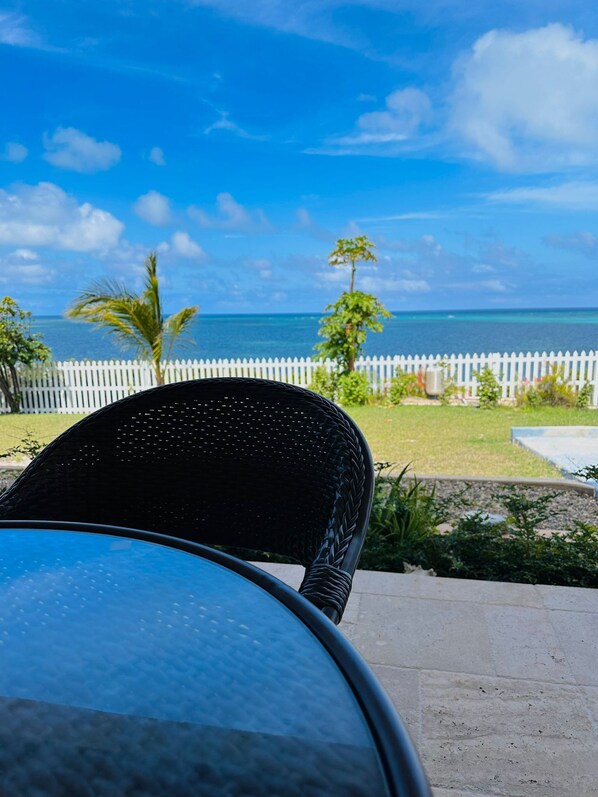 A view from a balcony overlooking a white picket fence, a palm tree, and a clear blue sky.