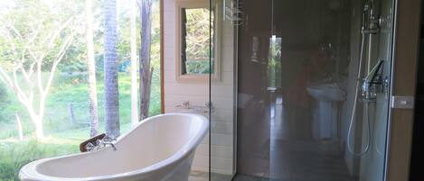 Regadera, secadora de cabello, toallas, jabón