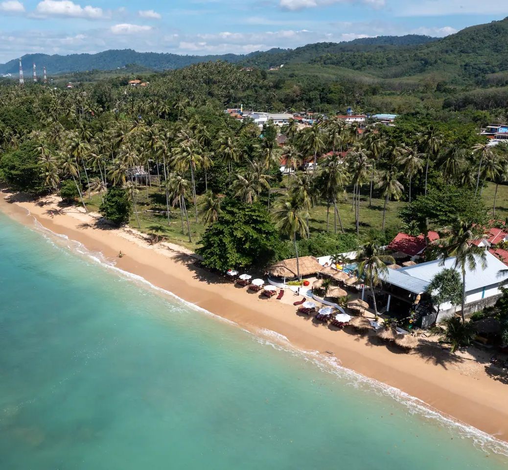 An aerial view of a beach with palm trees, a sandy shore, and a few buildings with red roofs.
