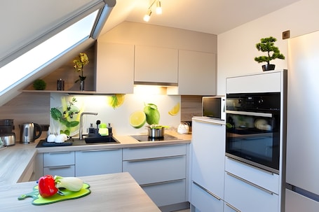 Fridge, microwave, oven, stovetop. Apartment 'Am Palmengarten' with Balcony and Wi-Fi