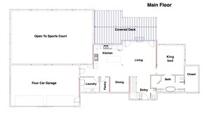 Grundriss mit Sportplatz, überdachter Terrasse, Garage für vier Autos, Küche, Wohnbereich, Essbereich, Waschküche, Speisekammer, Eingangsbereich, Kingsize-Bett, Abstellraum und Bad.