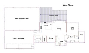 Plano de planta que muestra una cancha deportiva abierta, terraza techada, garaje para cuatro coches, cocina, sala de estar, comedor, lavandería, despensa, entrada, cama tamaño king, armario y baño.