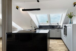 Fridge, oven, stovetop, dishwasher - Apartment 'Moderne Offene Dachgeschoßwohnung' with Shared Pool, Shared Garden and Wi-Fi (Rheinau)