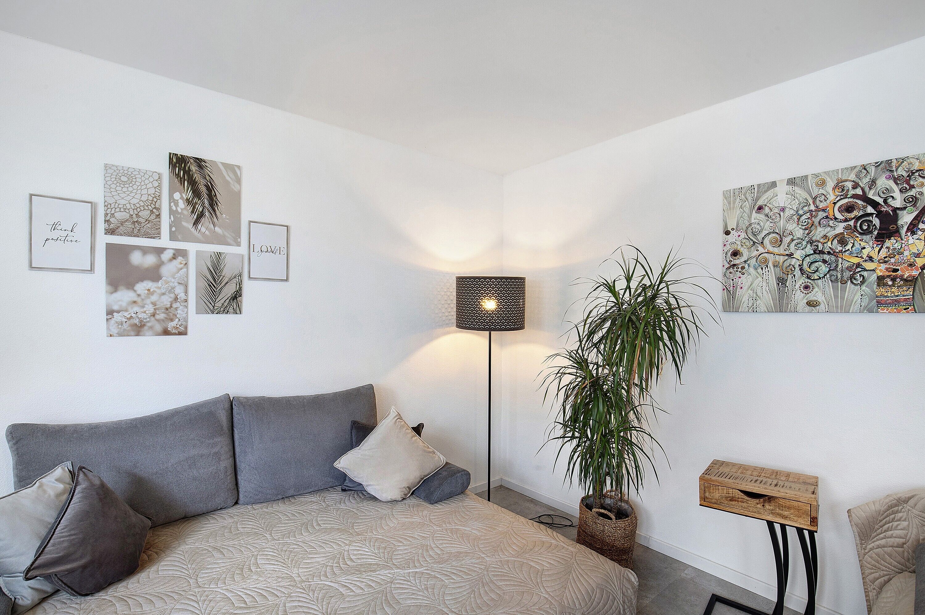 Un salon moderne avec un canapé gris, une plante en pot et des œuvres d’art murales.