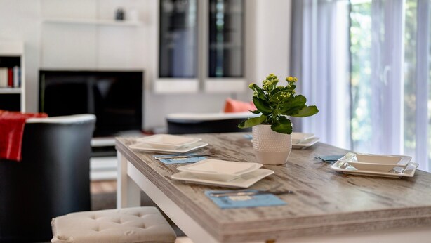Une cuisine moderne avec un plan de travail en bois, des armoires blanches et une plante en pot.