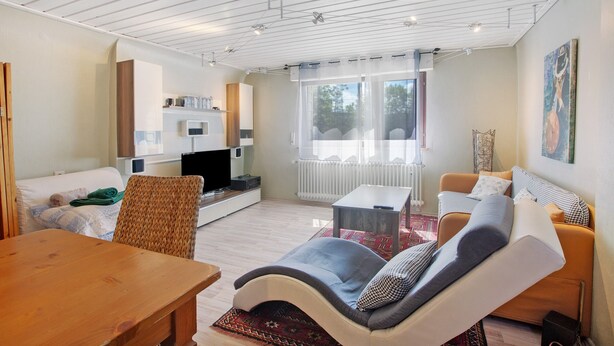 Un salon moderne avec un canapé, une table en bois et un téléviseur.