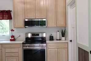 A kitchen with wooden cabinets, a stainless steel oven, a red blender, and a potted plant.