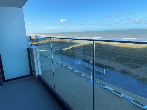 A balcony with a glass railing overlooking a beach and dunes.