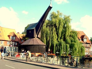 A traditional building with a sloped roof and a prominent chimney, surrounded by trees and a street with pedestrians and bicycles.