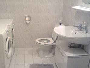 Une salle de bain équipée de toilettes, d’un lavabo et d’un lave-linge.