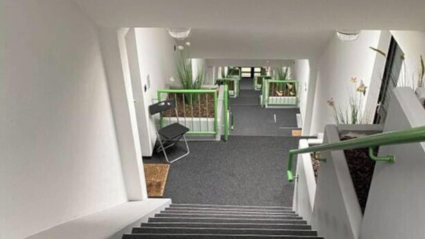 A staircase with black carpeted steps, white walls, and green railings. - Holiday Apartment Siuerlanner (Sundern)