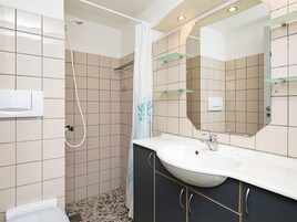 A bathroom with a shower, a sink, and a mirror.