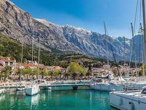 Surrounded by majestic mountains and palm trees, this marina offers serene views of the water and the surrounding landscape.