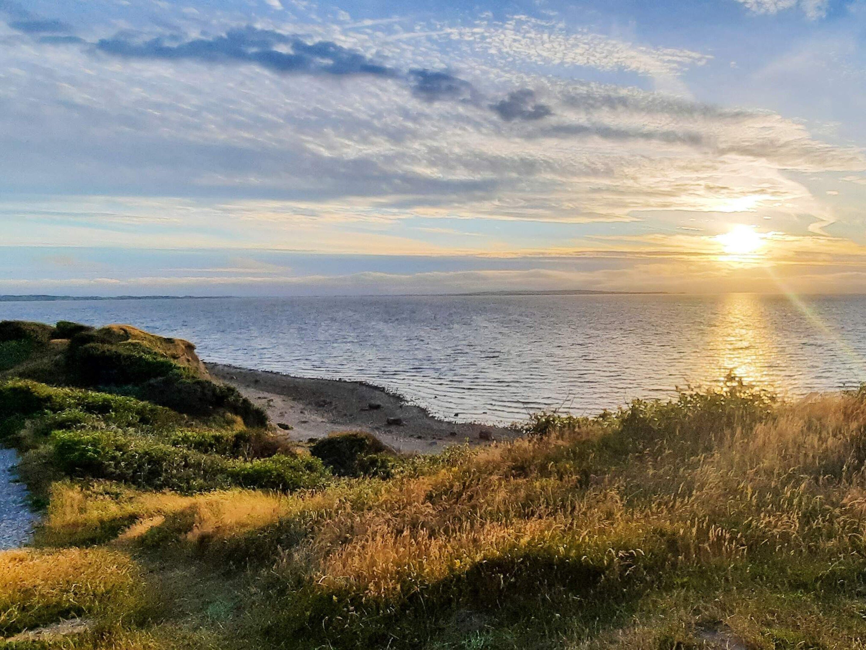 A coastal landscape with a beach and grassy terrain.