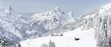 Een berglandschap bedekt met sneeuw, met een chalet en een skilift.