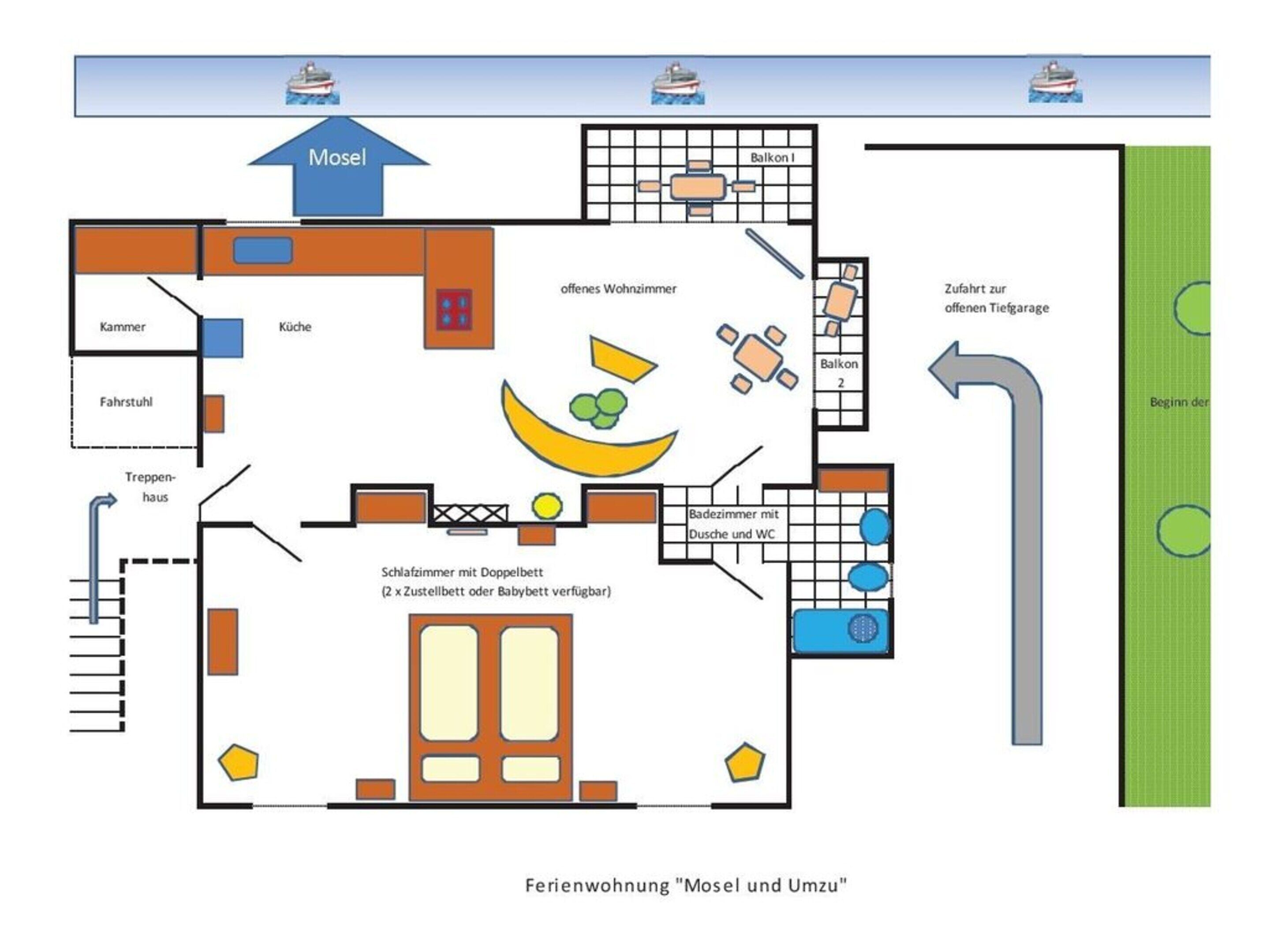 A floor plan of a hotel room named "Mosel und Umzu" with a balcony, kitchen, bathroom, and a dining area.