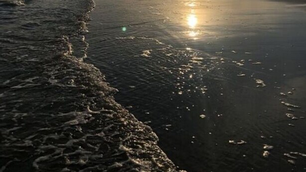 Ein Strand mit tiefstehender Sonne am Horizont, die das Wasser in warmes Licht taucht.