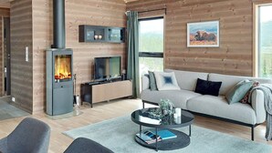 Una sala de estar moderna con chimenea, sofá y televisor.